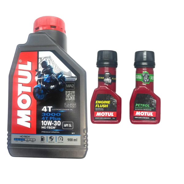 MOTUL 3000 4T Plus 10W30 Engine oil 900ML And Engine flush (50ml) Petrol system clean (50ml) Combo