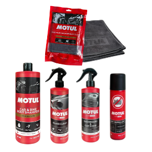 Motul Complete Car Cleaning Kit with Car & Bike Body Shampoo 1L, Glass Clean 500ml, Dashboard Shine 500ml, Microfiber Cloth & Rat Spray 200ml