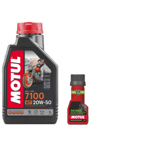 Motul 7100 4T 20W-50 API SN Fully Synthetic Petrol Engine Oil for Bikes 1L and Petrol System Clean 50ml combo