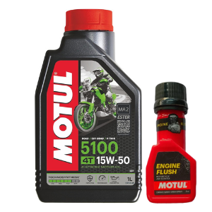 Motul 5100 4T 15W-50 API SM Technosynthese Synthetic Engine Oil for Bikes 1L And Engine flush 50ml Combo