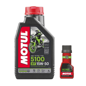 Motul 5100 4T 15W-50 API SM Technosynthese Synthetic Engine Oil for Bikes 1L And Petrol System Clean 50ml Combo