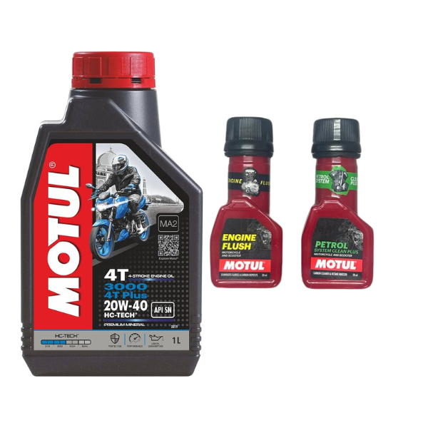 MOTUL 3000 4T PLUS 20W40 API HcTech Engine oil 1L And Engine flush (50ml) Petrol system clean (50ml) Combo