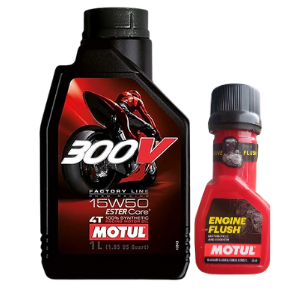 Motul 300V Factory Line Ester Core Fully Synthetic 15W-50  Engine Oil 1L and Engine Flush (50ml) Combo