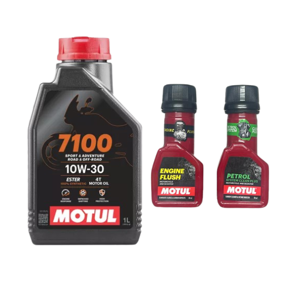Motul 7100 4T 10W30 API SN Fully Synthetic Engine Oil 1L Engine flush(50ml) Petrol system clean(50ml) Combo