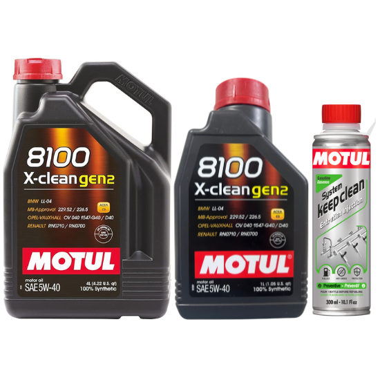 Motul 8100 X-clean gen2 5W-40 100% Synthetic Engine Oil - 4L + 1L Can (5L Total) With Petrol System Keep Clean Gasoline 300ml Combo