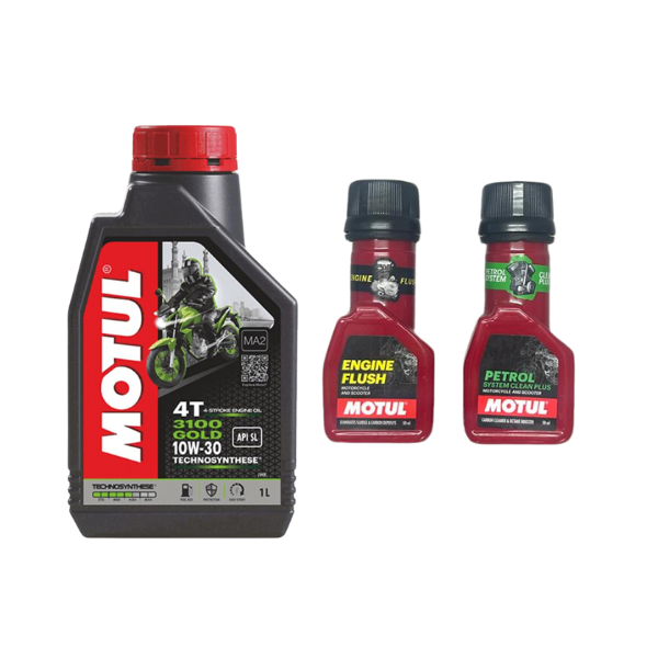 MOTUL 3100 4T GOLD 10W30 Engine oil 1000ML And Engine flush(50ml) Petrol system clean(50ml) Combo