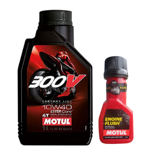 Motul 300V Factory Line Ester Core Fully Synthetic 10W-40 Petrol Engine Oil for Bikes and Engine Flush 50ml Combo