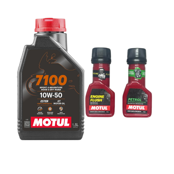Motul 7100 4T 10W-50 API SN Fully Synthetic Petrol Engine Oil for Bikes 1500 mL Engine flush(50ml) Petrol system clean(50ml) Combo