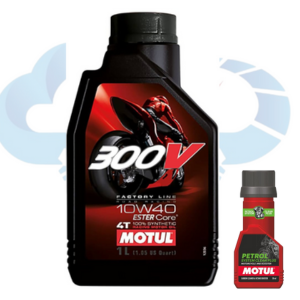Motul 300V Factory Line Ester Core Fully Synthetic 10W-40 Petrol Engine Oil for Bikes and Petrol System Clean 50ml Combo