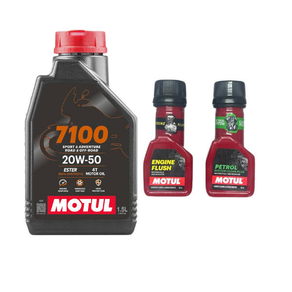 Motul 7100 4T 20W50 API SN Fully Synthetic Engine Oil 1500ML And Engine flush(50ml) Petrol system clean(50ml) Combo