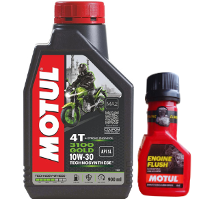Motul 3100 4T GOLD 10W-30 API SM Technosynthese Synthetic Engine Oil for Bikes 900ml And Engine flush 50ml Combo
