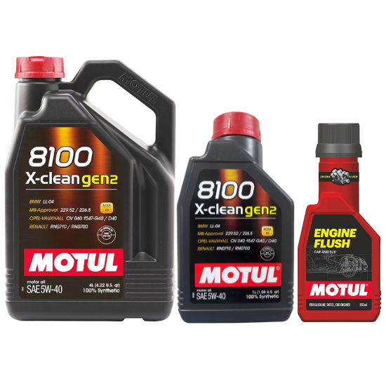 Motul 8100 X-clean gen2 5W-40 100% Synthetic Engine Oil - 4L + 1L Can (5L Total)  Engine Clean Flush 250ml Combo