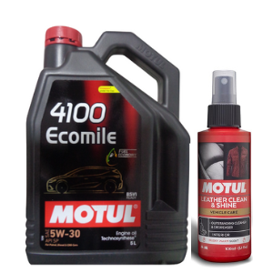 MOTUL 4100 Ecomile 5W30 Engine Oil 5L + Leather Clean & Shine 100ml Combo Pack