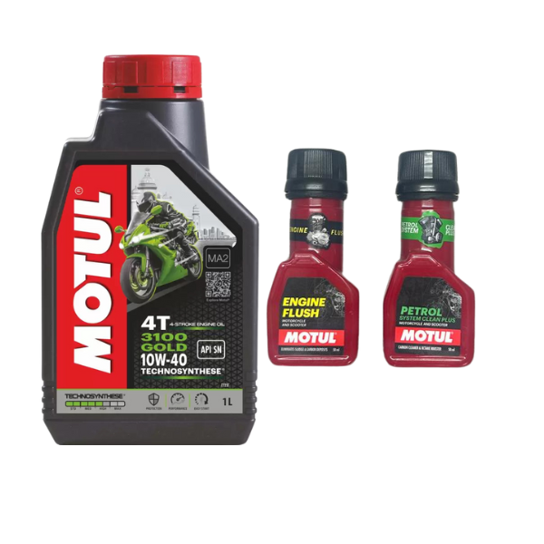 Motul 3100 4T Gold Technosynthese 10W40 API SL Semi Synthetic Engine Oil for Bikes 1L And Engine flush(50ml),Petrol system clean(50ml) Combo