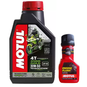 Motul 3100 4T GOLD 20W-50 API SM Technosynthese Synthetic Engine Oil for Bikes 1200ml And Engine flush 50ml Combo