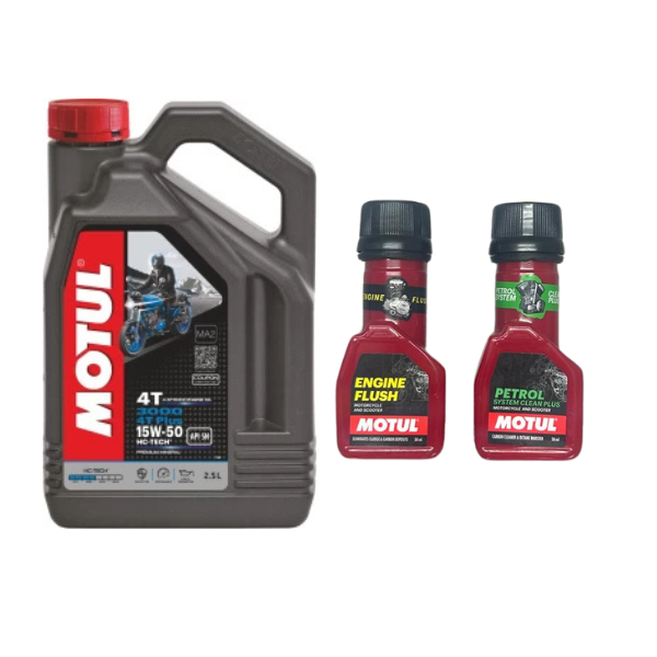 Motul 3000 4T Plus 15W50 API SM HC Tech Engine Oil 2500ML And Engine flush(50ml) Petrol system clean(50ml) Combo