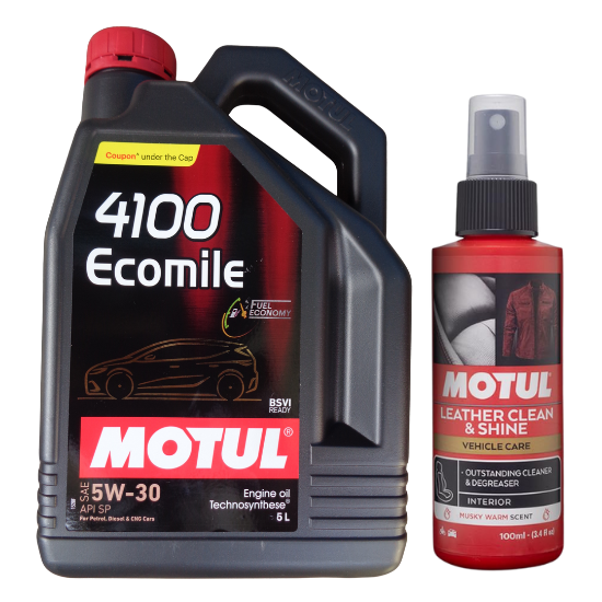 Motul 4100 Ecomile 5W30 Synthetic Engine Oil 5L With Leather Clean & Shine 100ml