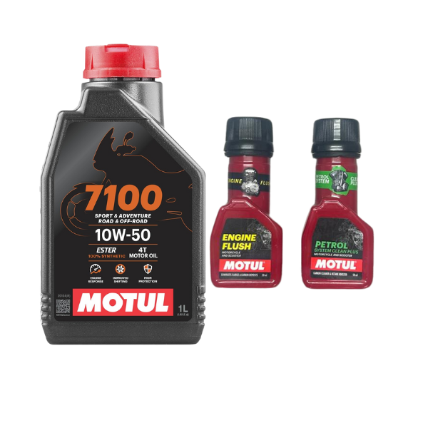 Motul 7100 4T 10W50 API SN Fully Synthetic Engine Oil for Bikes 1L Engine flush(50ml) Petrol system clean(50ml) Combo