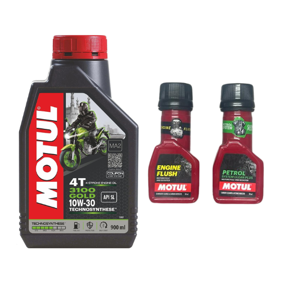 MOTUL 3100 4T GOLD 10W30 Engine oil 900ML And Engine flush(50ml) Petrol system clean(50ml) Combo