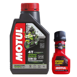 Motul 3100 4T GOLD 20W-50 API SM Technosynthese Synthetic Engine Oil for Bikes 1L And Engine flush 50ml Combo